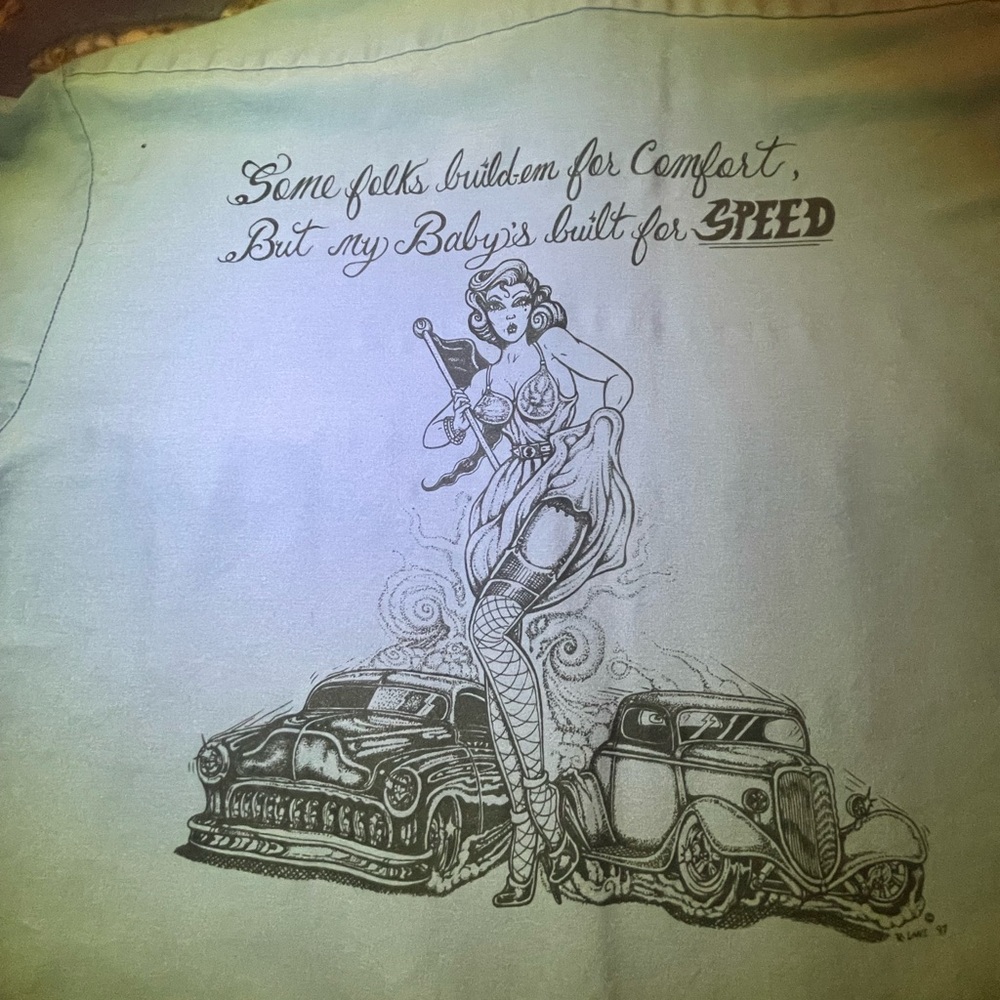 Vintage RedCap Work shirt with added punk rock Hot Rod Pin Up designs added